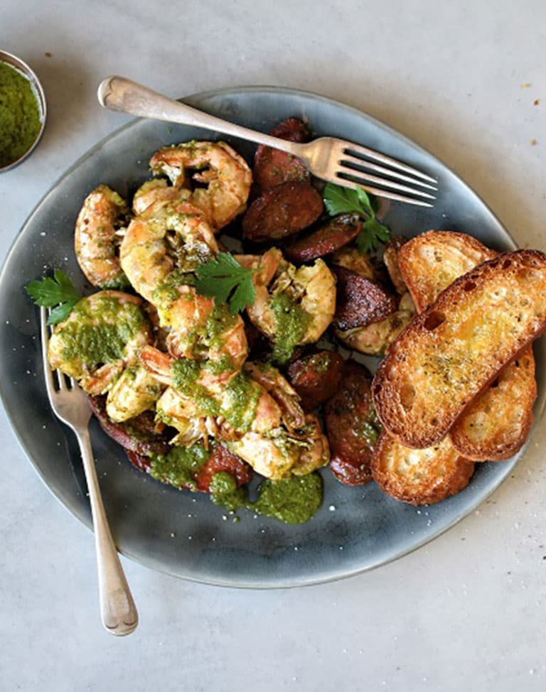Pan-fried Prawns & Chorizo with Chimichurri Sauce