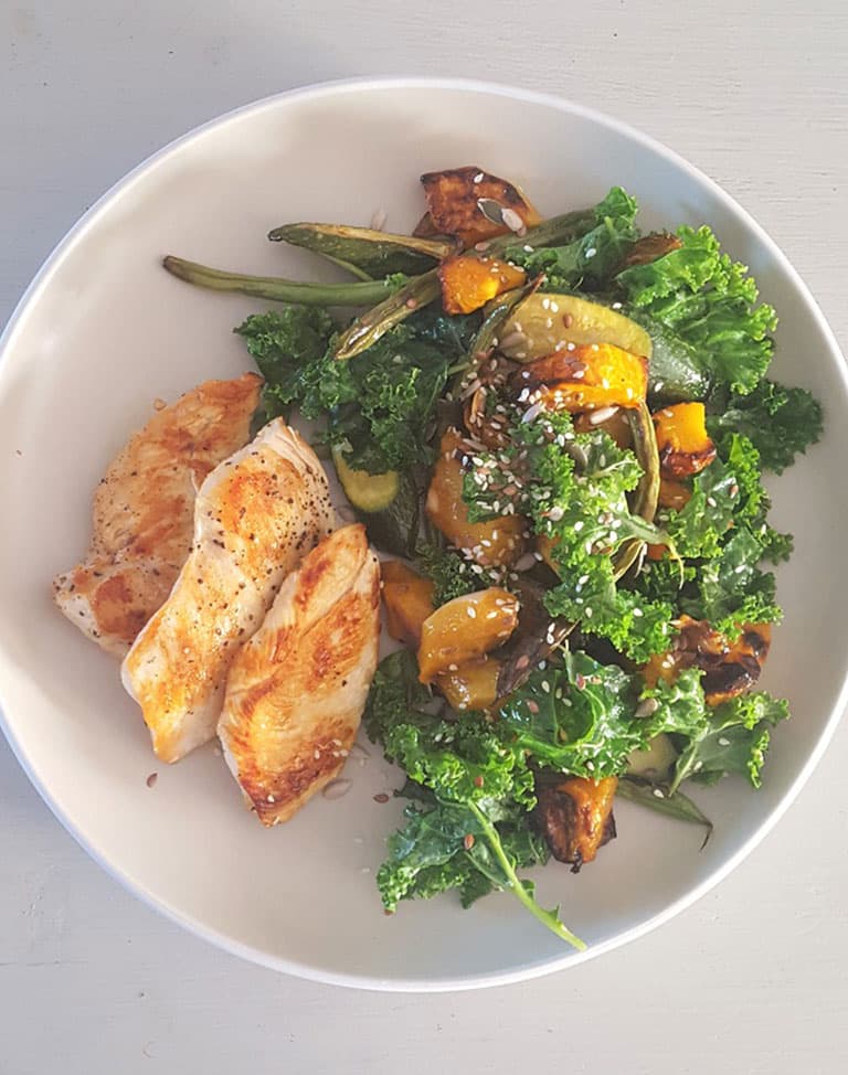 Pan-fried Chicken with Roasted Veg Kale Salad