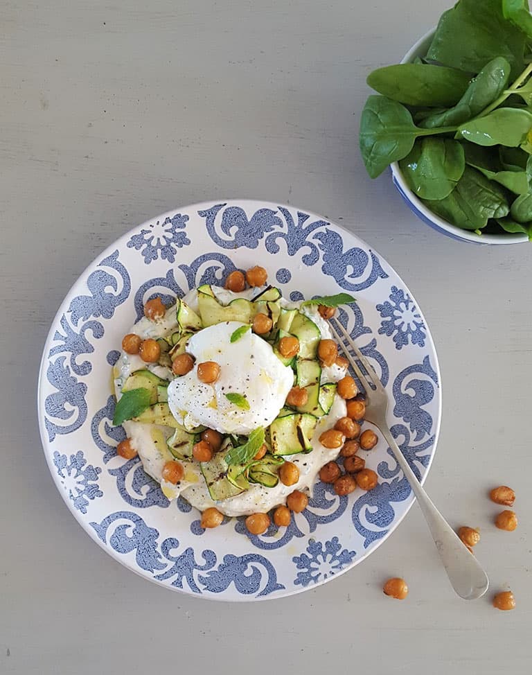 Garlic, Herb & Tahini Yoghurt Bowl | Poached Egg | Grilled Courgettes & Roasted Chickpeas