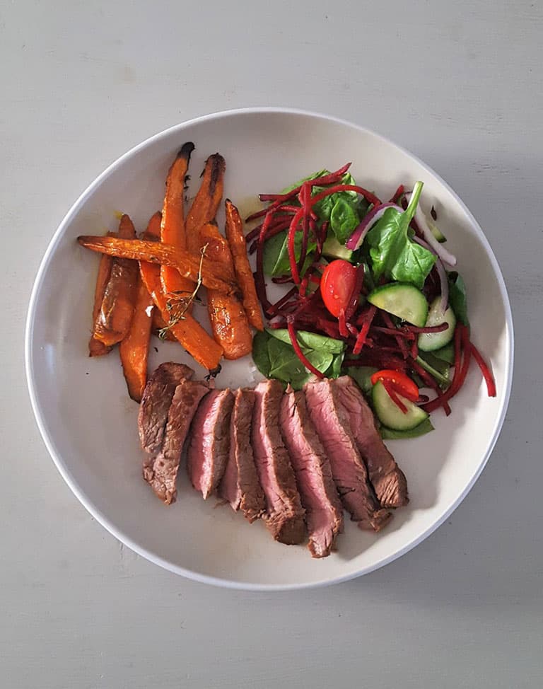 Steak, Carrot Chips & Salad
