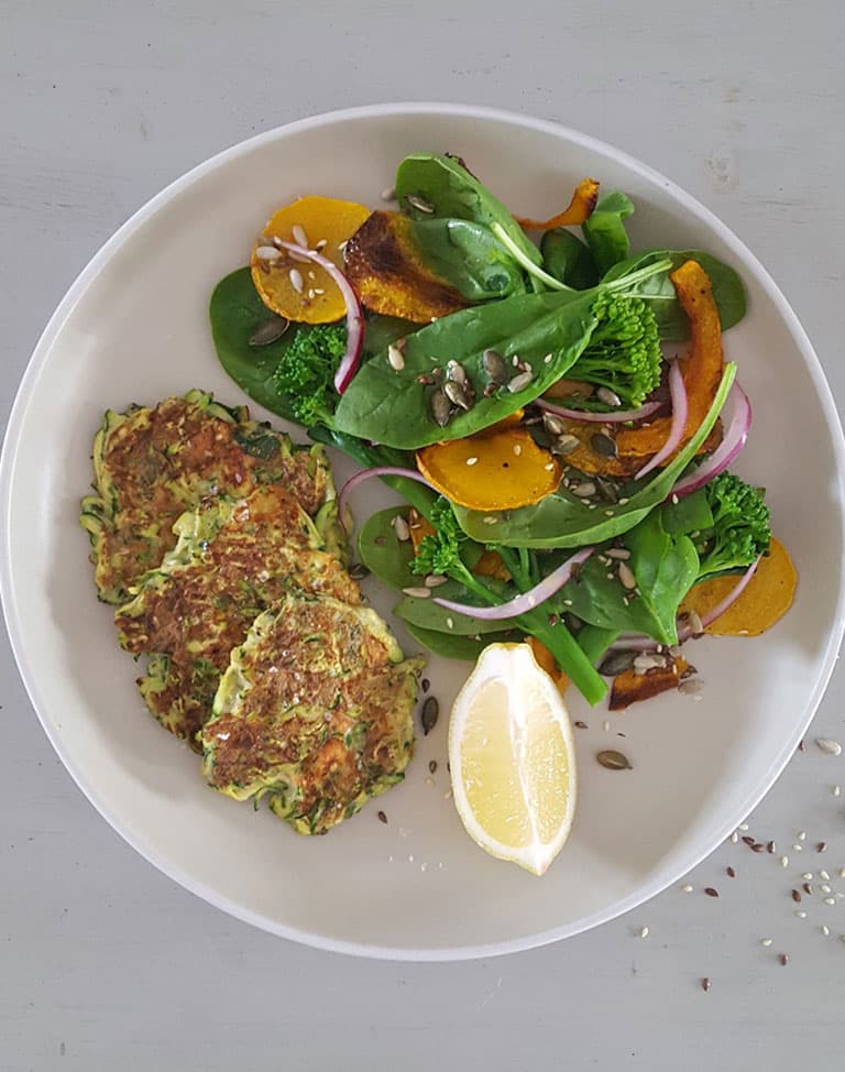 Courgette, Herb & Feta Fritters | Butternut & Seed Salad