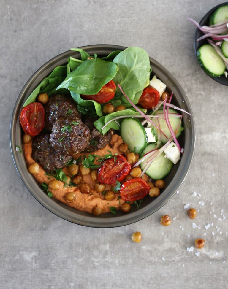 Ostrich Meatballs with Roasted Tomato Hummus & Pickled Cucumber Salad