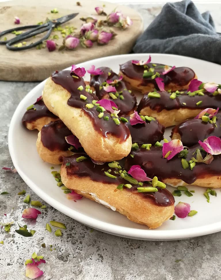 Rose & Pistachio Chocolate Eclairs