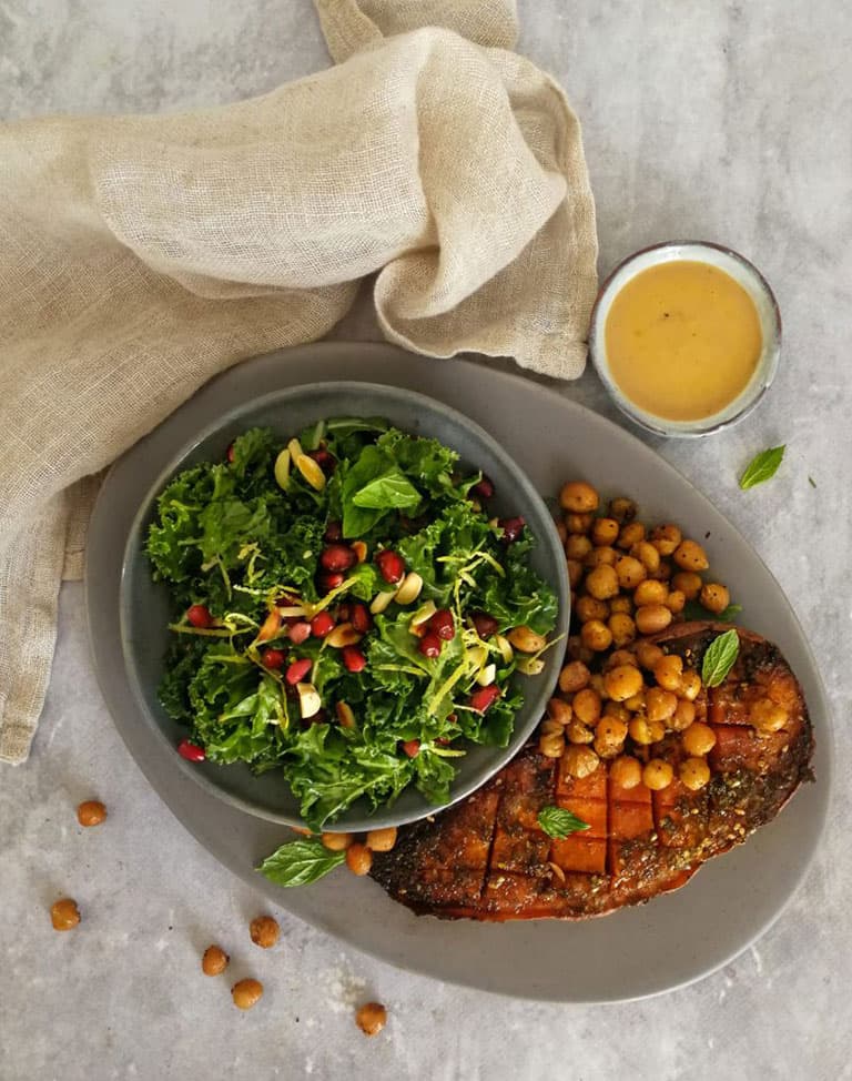 Sticky Roasted Sweet Potato, Chickpeas & Kale Salad