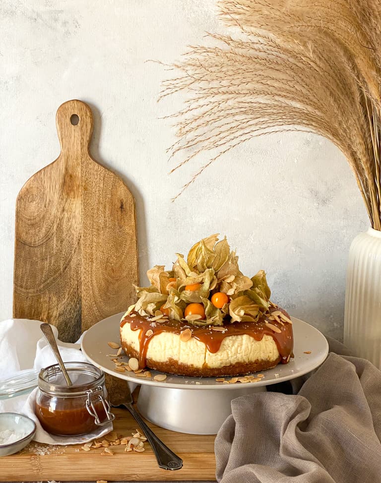 Cheesecake with Salted Tahini Caramel, Gooseberries & Toasted Flaked Almonds