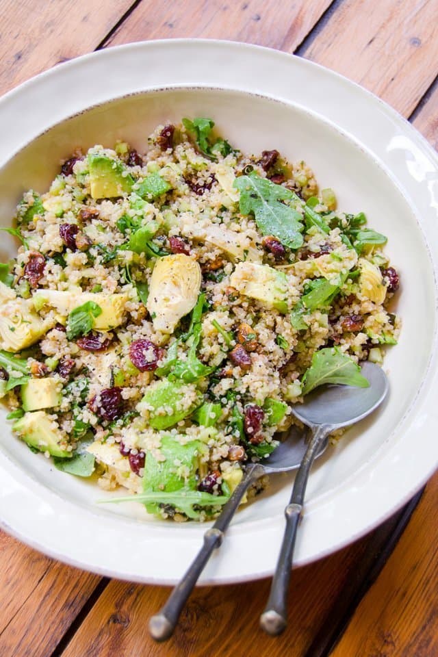 Quinoa Salad with Artichokes, Dried Cherries, Pistachios, Avocado and Arugula