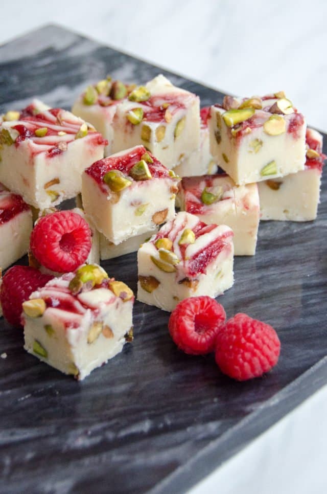 White Chocolate Raspberry Swirl Fudge with Pistachios