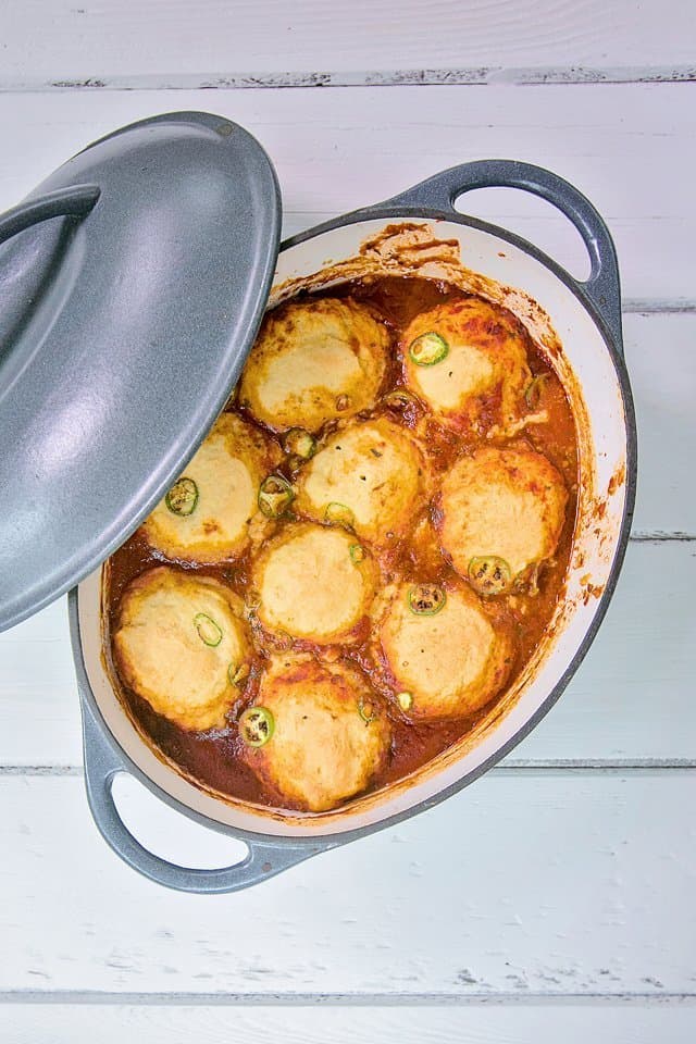 Chili con Carne with Cornbread Dumplings - Stovetop and Oven Method