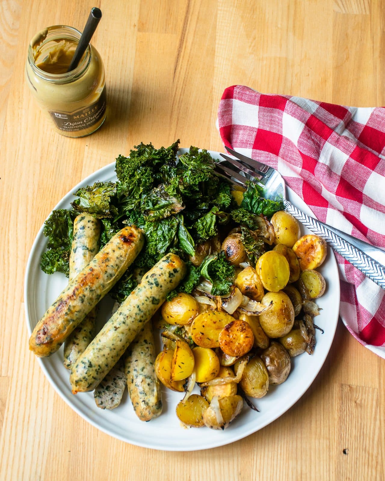 Sheet Pan Sausages and Potatoes with Kale