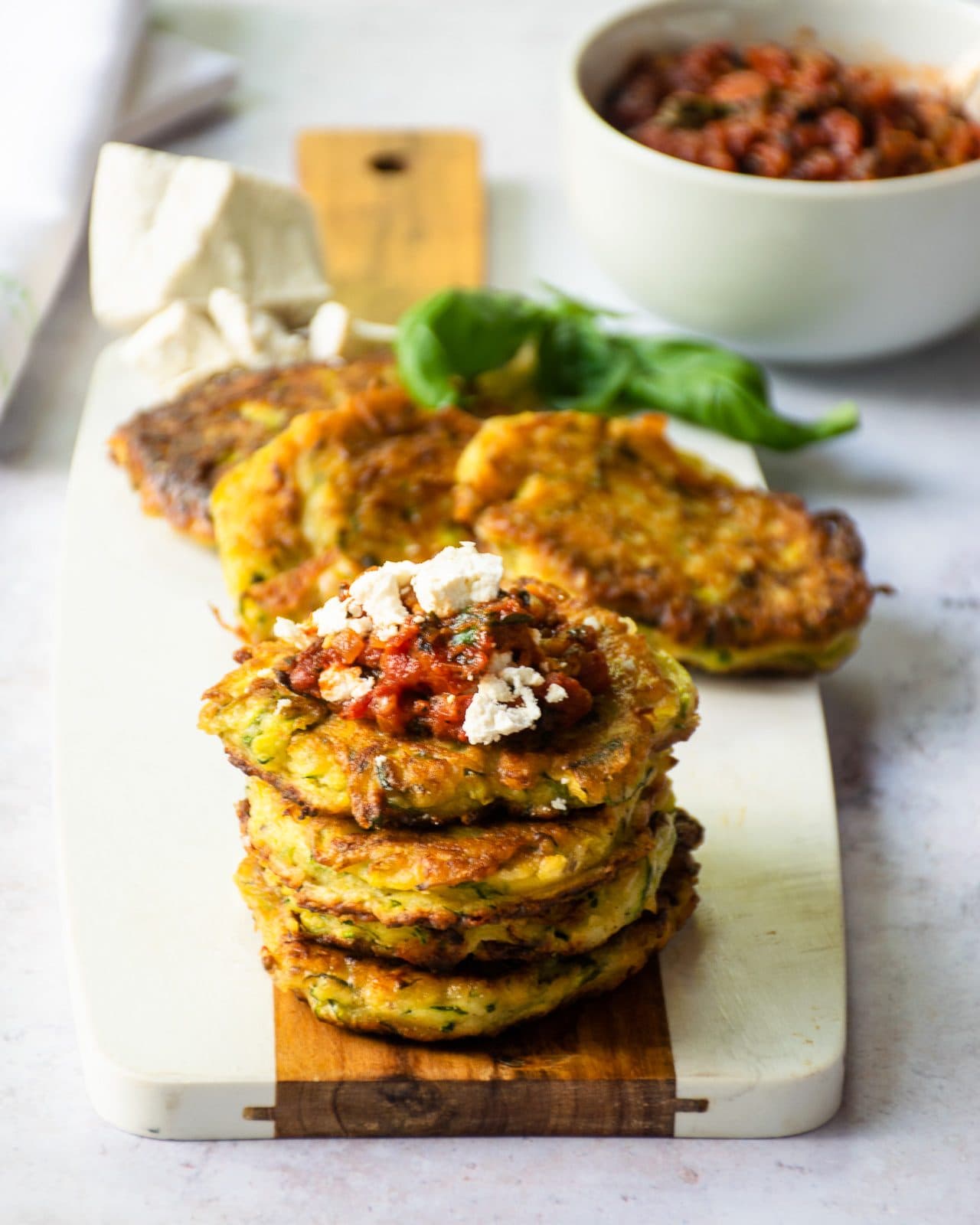 Zucchini Fritters with Fire Roasted Tomato Spread