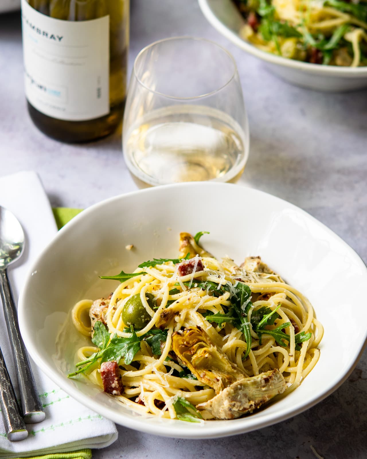 Lemon Pasta with Salami, Olives and Roasted Artichoke Hearts