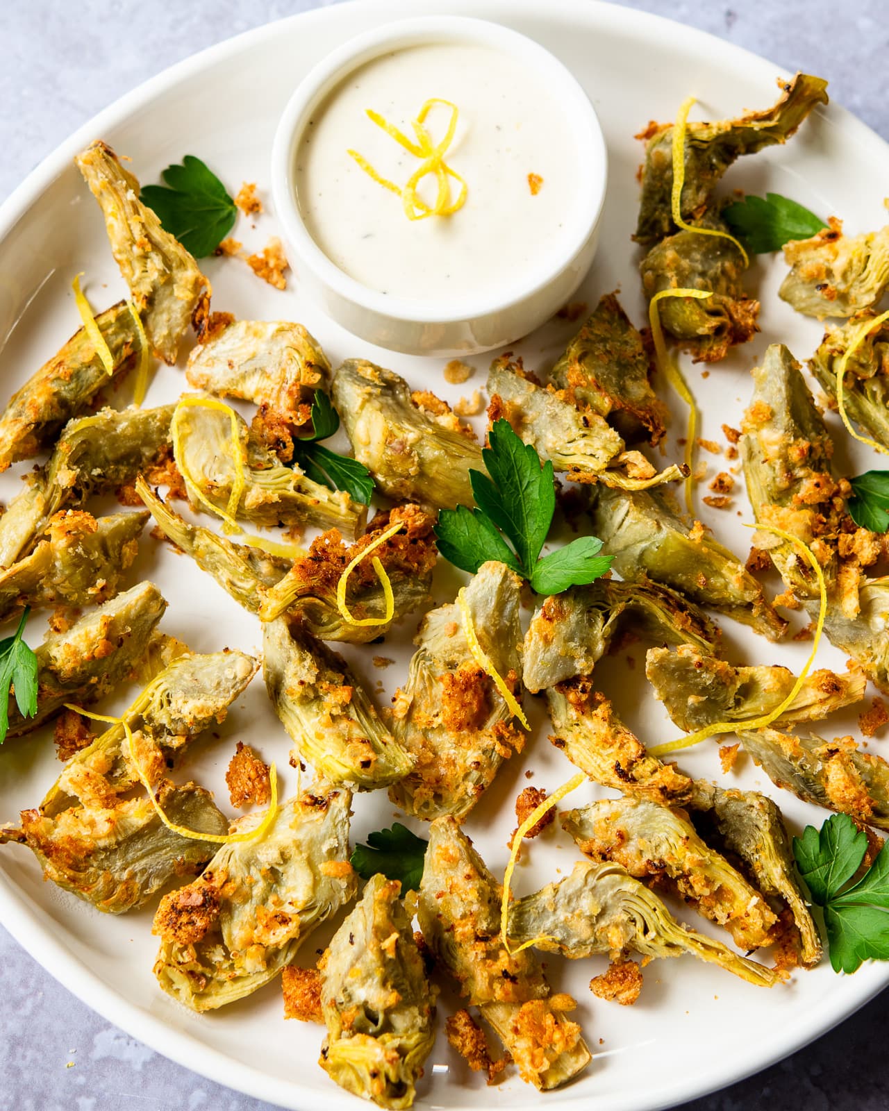 Crispy Roasted Artichoke Hearts with Parmesan and Lemon Mayo - Oven Version