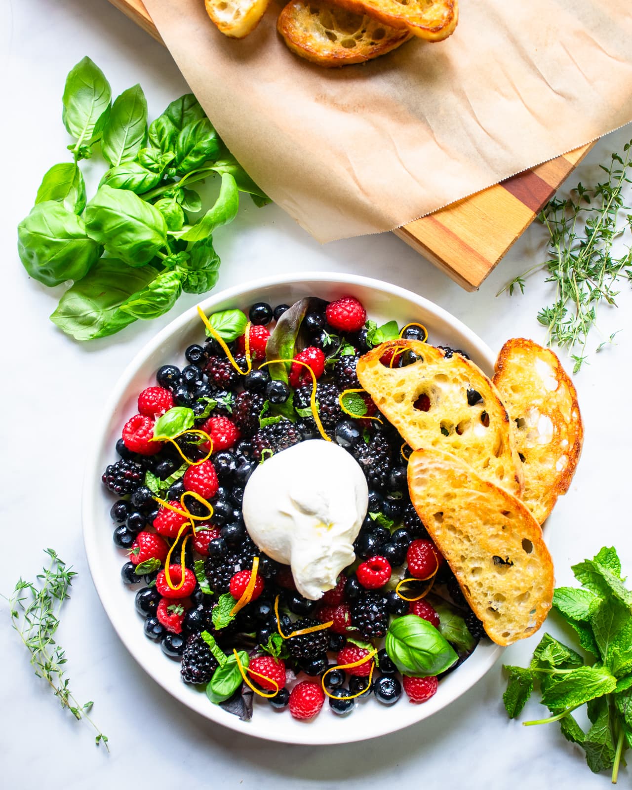 Burrata and Berries with Fried Ciabatta