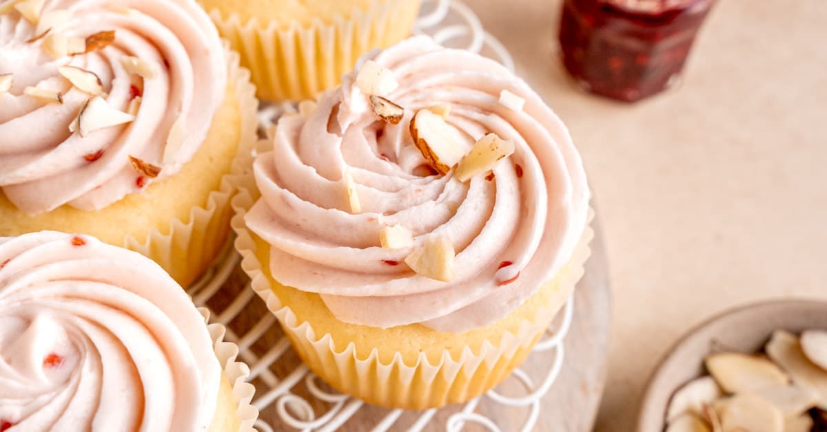 Almond Cupcakes with Raspberry Cream Cheese Frosting