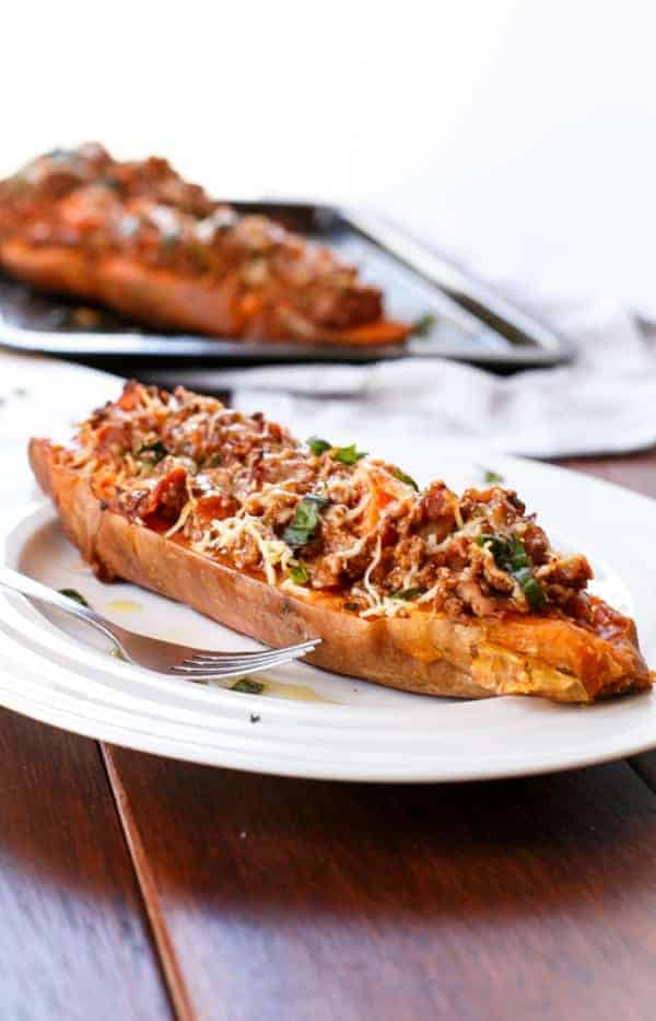 Cheesy Bacon Bolognese Stuffed Sweet Potatoes