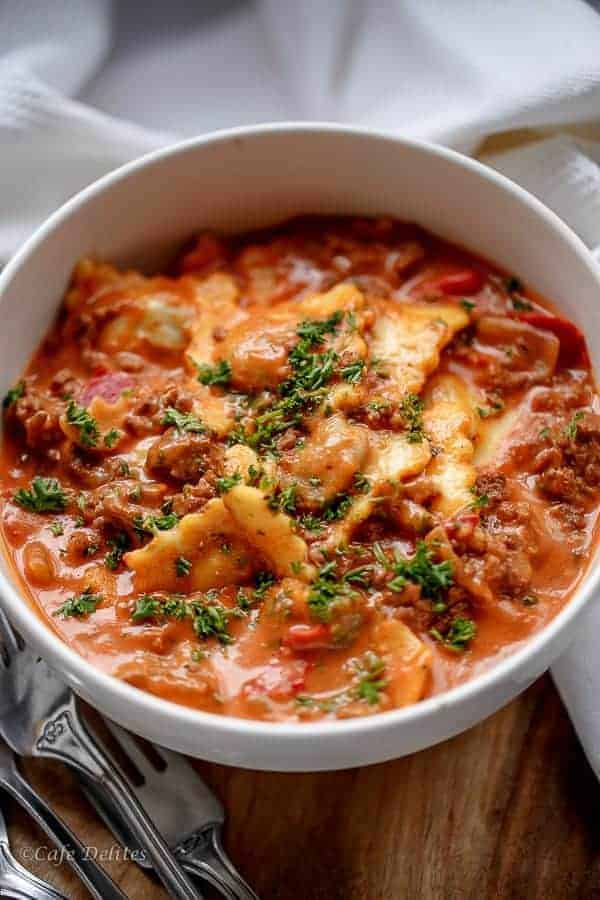 One Pot Ravioli in a Creamy Tomato Beef Sauce