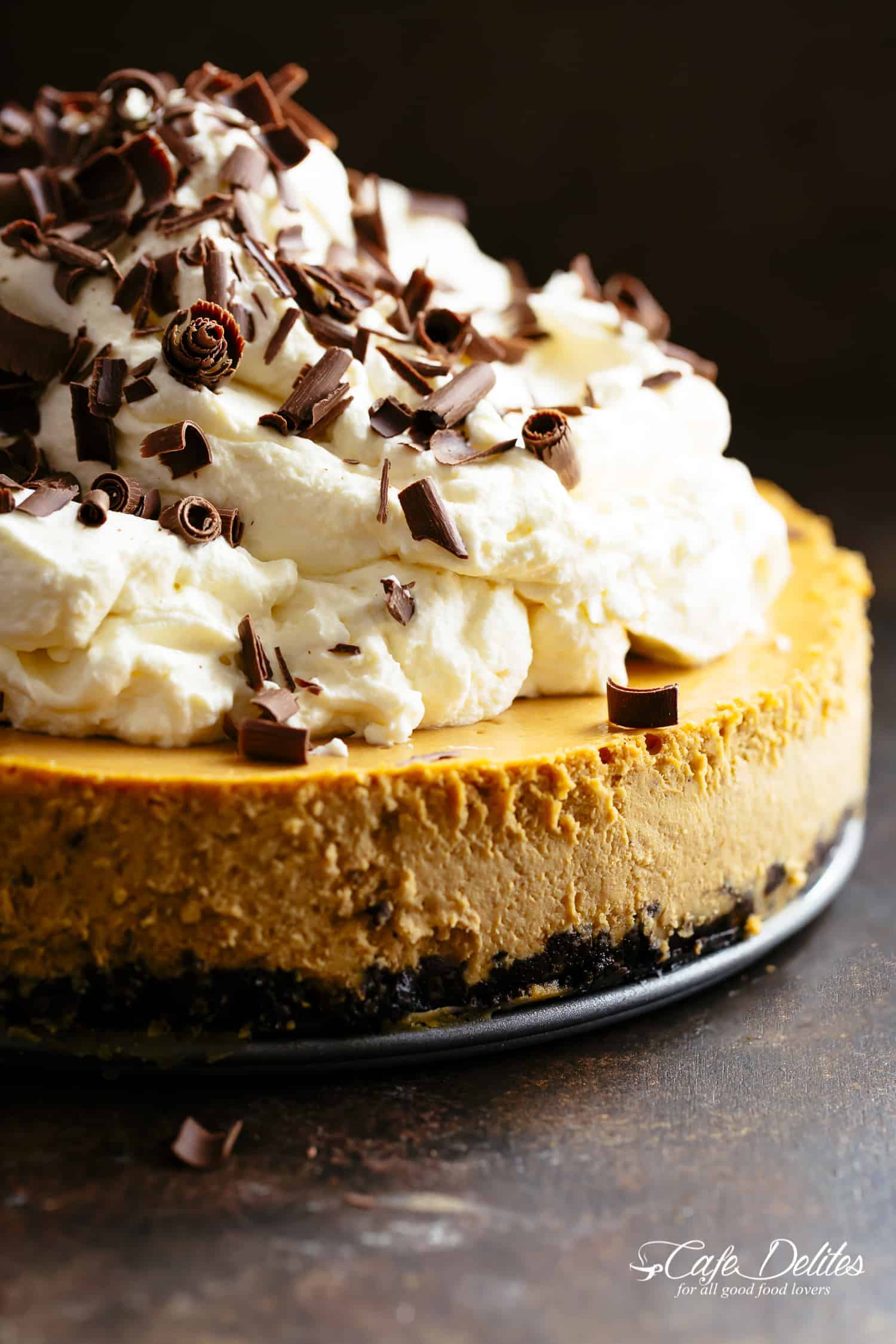 Chocolate Pumpkin Cheesecake (with an optional bourbon whipped cream topping)