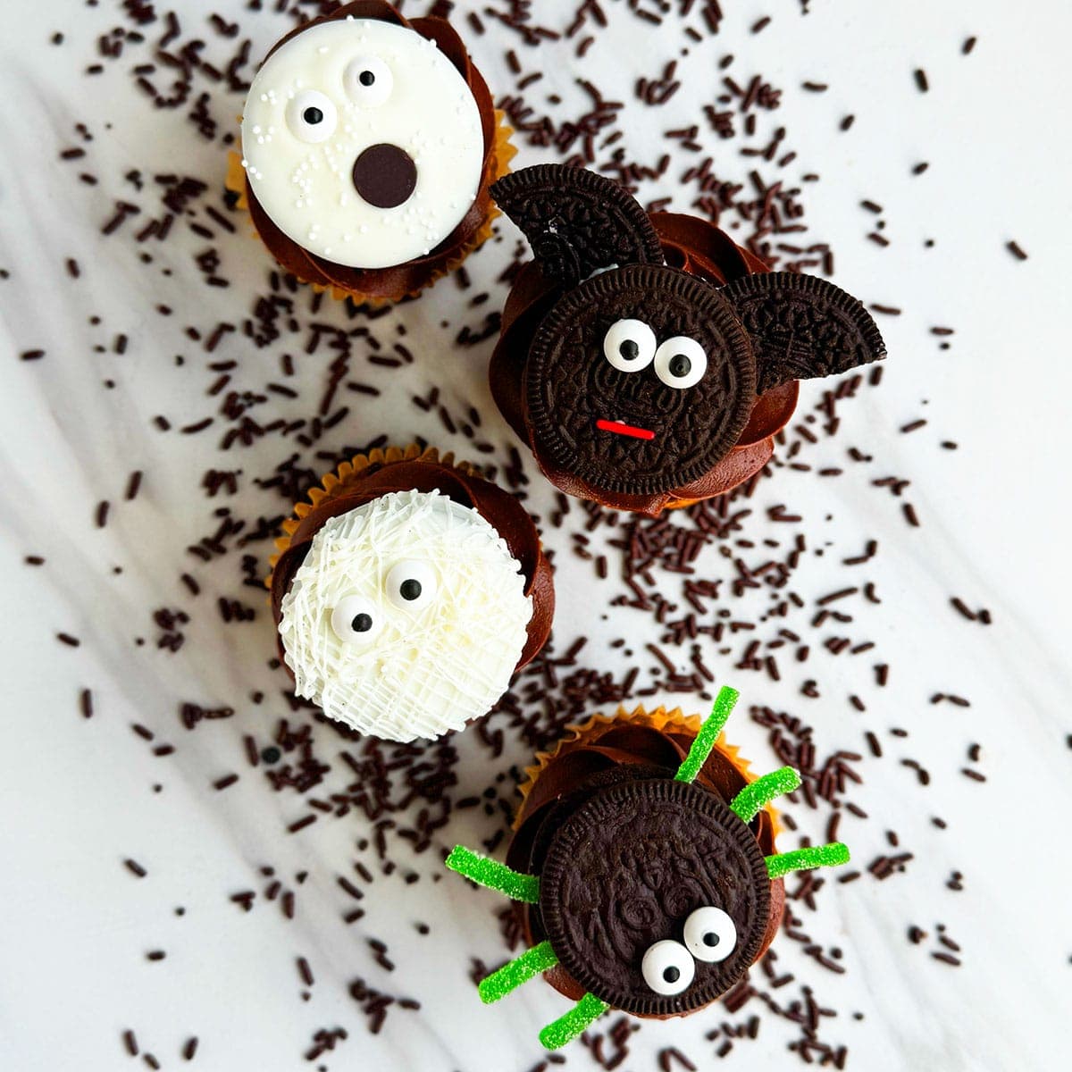 Easy Halloween Cupcakes (Monster, Spider, Mummy, Ghost, Bat)