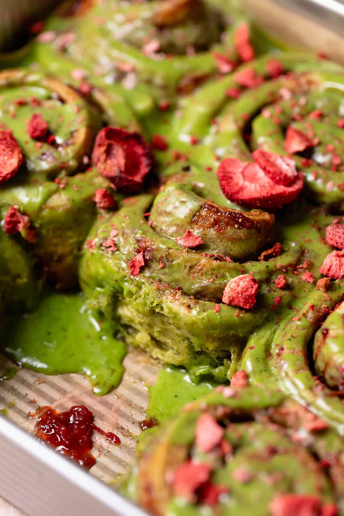 Matcha Cinnamon Rolls with Strawberry Filling