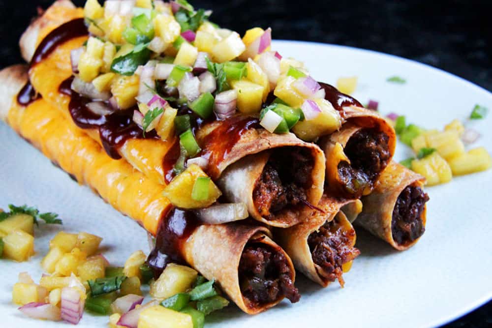 Cheesy Hawaiian BBQ Beef Taquitos with Pineapple Salsa