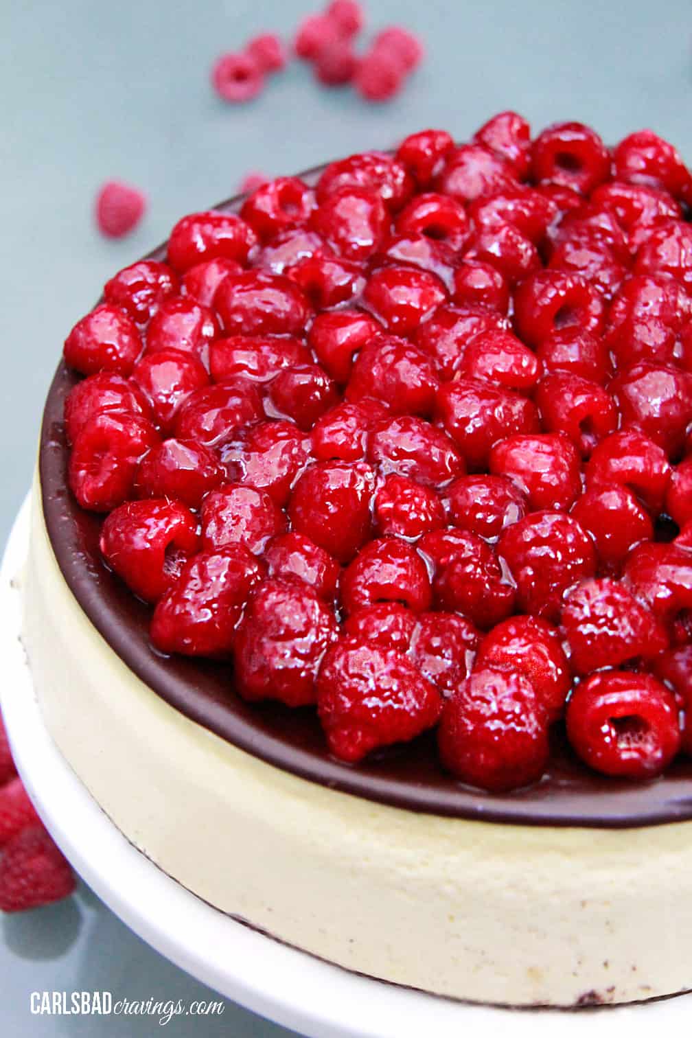 Raspberry Chocolate Ganache Cheesecake with Oreo Crust