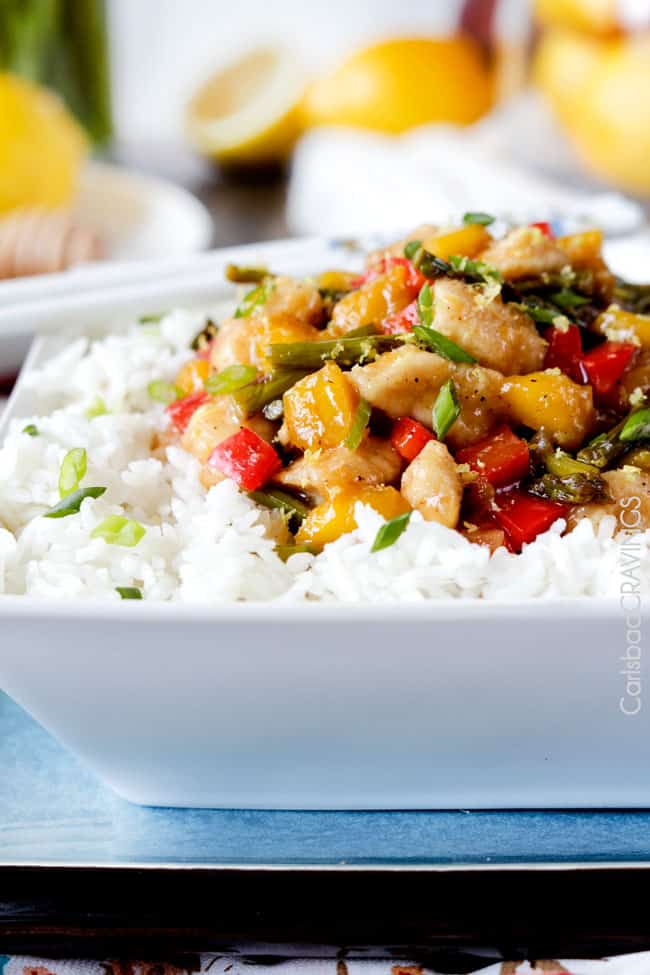 Honey Lemon Chicken Stir Fry with Asparagus and Mangos