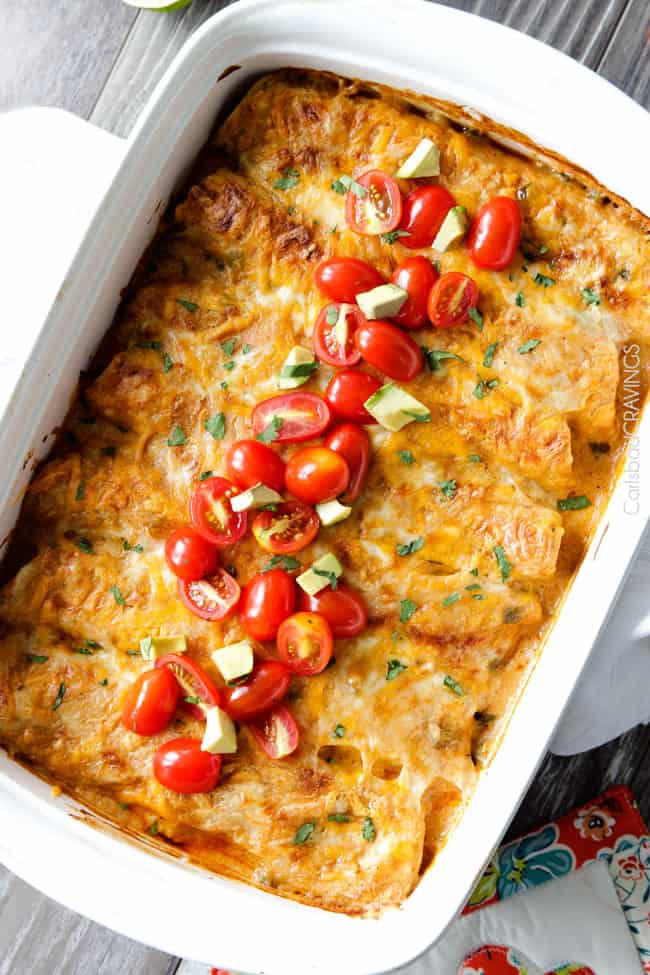 Cheesy Chicken Enchiladas with Jalapeno Lime Sour Cream Sauce