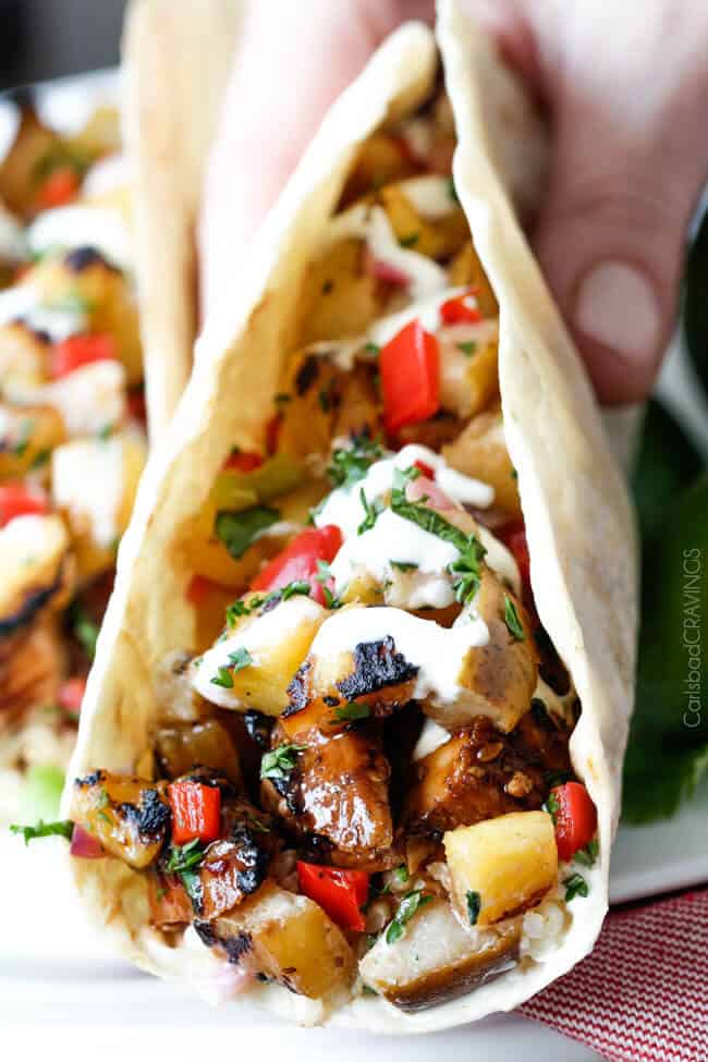Teriyaki Chicken Tacos with Grilled Pineapple Pear Salsa