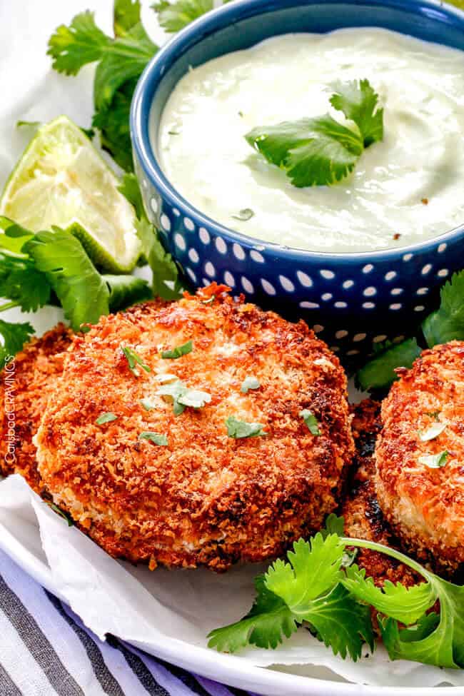 Crispy Crab Cakes with Creamy Tomatillo Jalapeno Dip