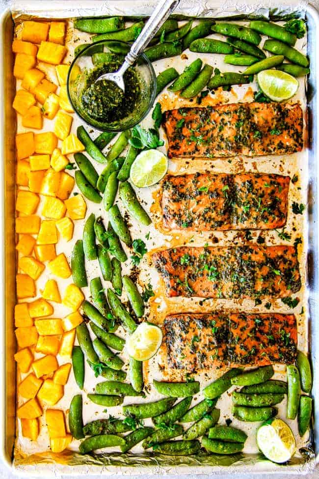 Sheet Pan Asian Chimichurri Salmon with Pineapple and Snap Peas