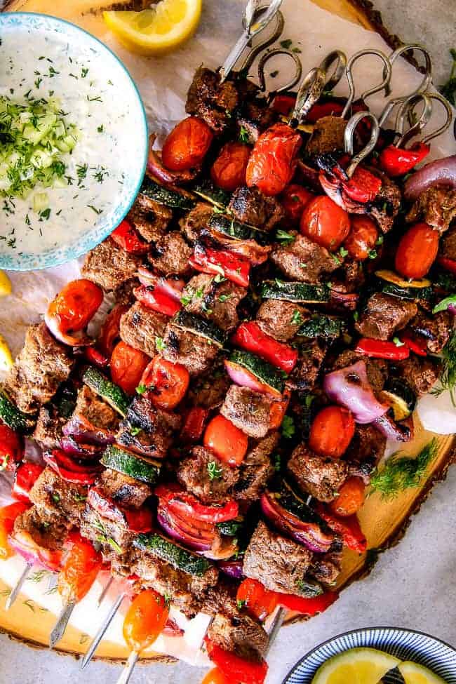 Beef Greek Kabobs with Whipped Feta Tzatziki Dip