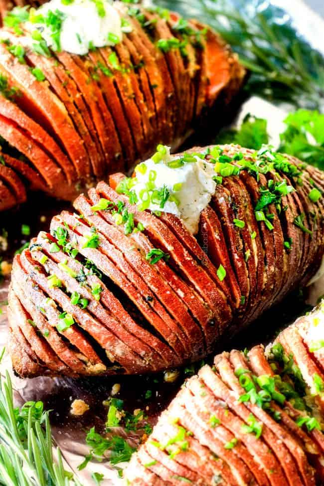 Hasselback Sweet Potatoes with Garlic Herb Butter