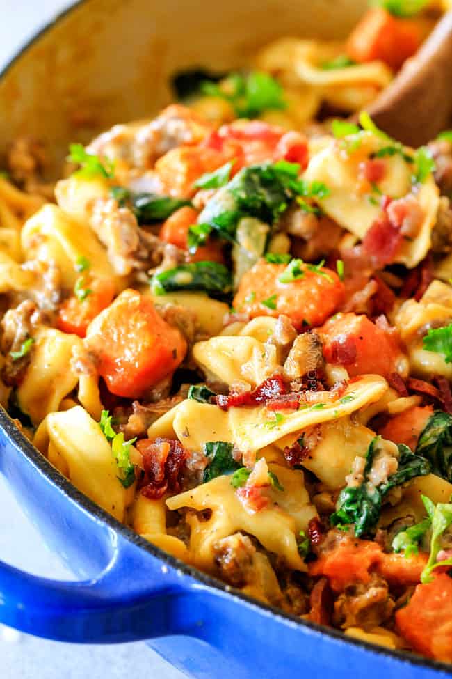 Creamy Tortellini with Sausage, Sweet Potatoes, Spinach and Bacon!