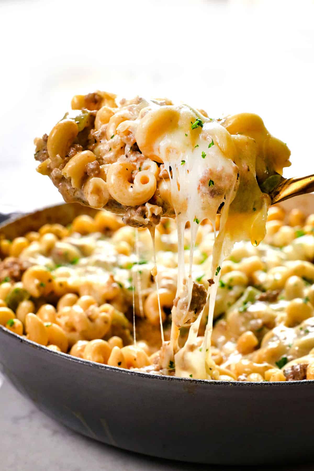 Philly Cheesesteak Pasta (with ground beef)