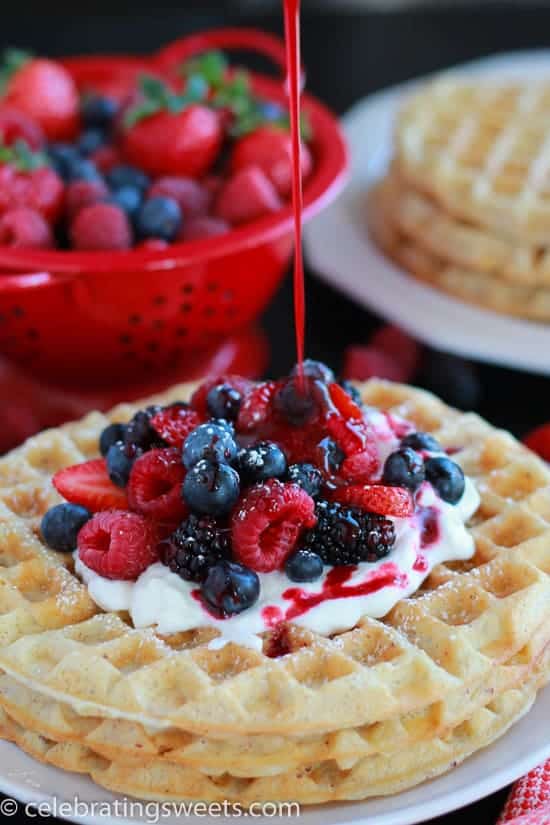 Almond Waffles with Berries and Almond Whipped Cream