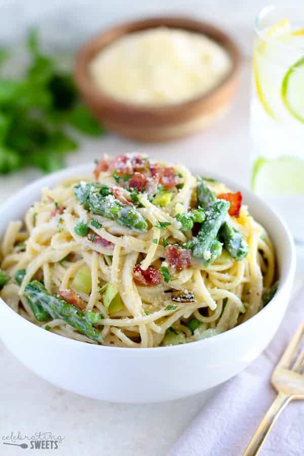 Spring Vegetable and Bacon Alfredo