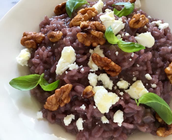 Red Wine Risotto Recipe with Goat Cheese & Candied Walnuts