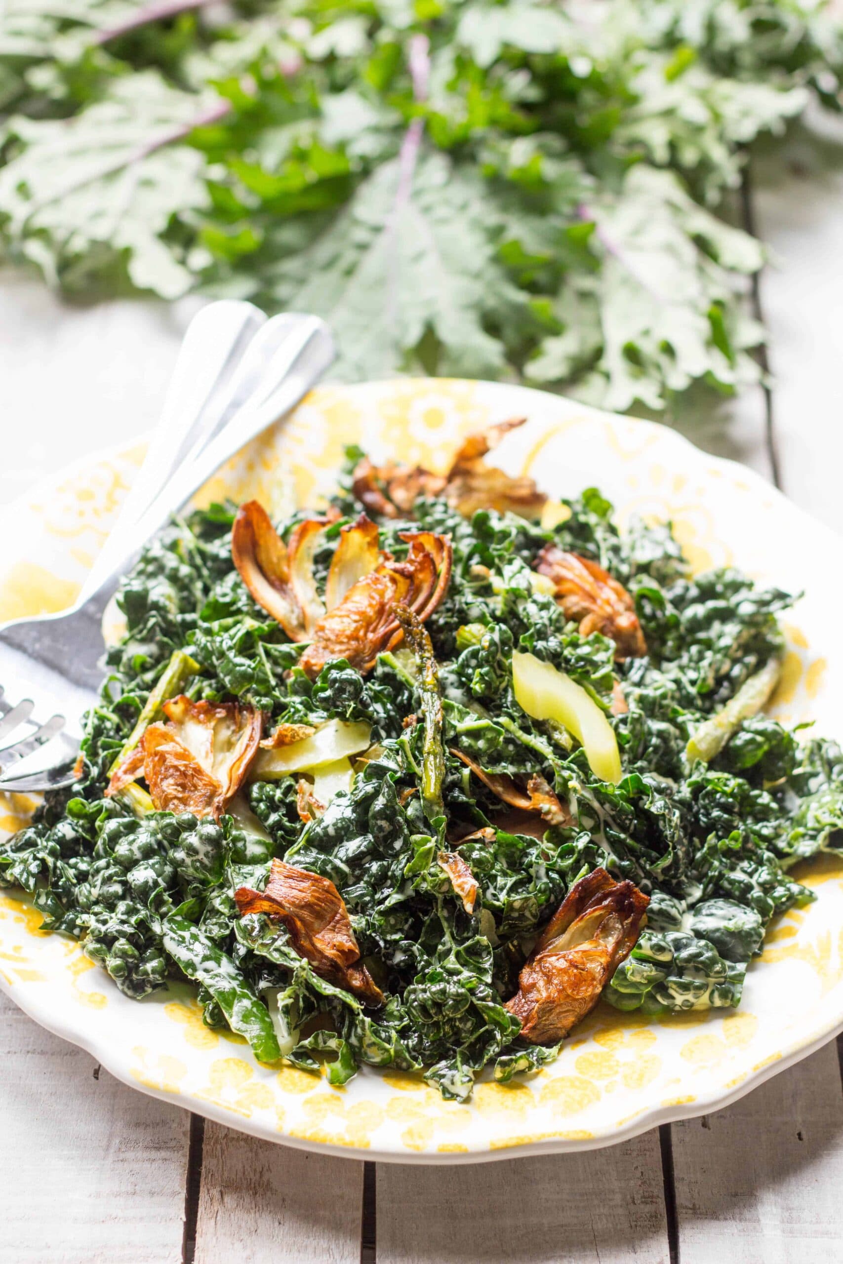 Fried Artichoke Salad with Kale, Asparagus and Creamy Parmesan Dressing