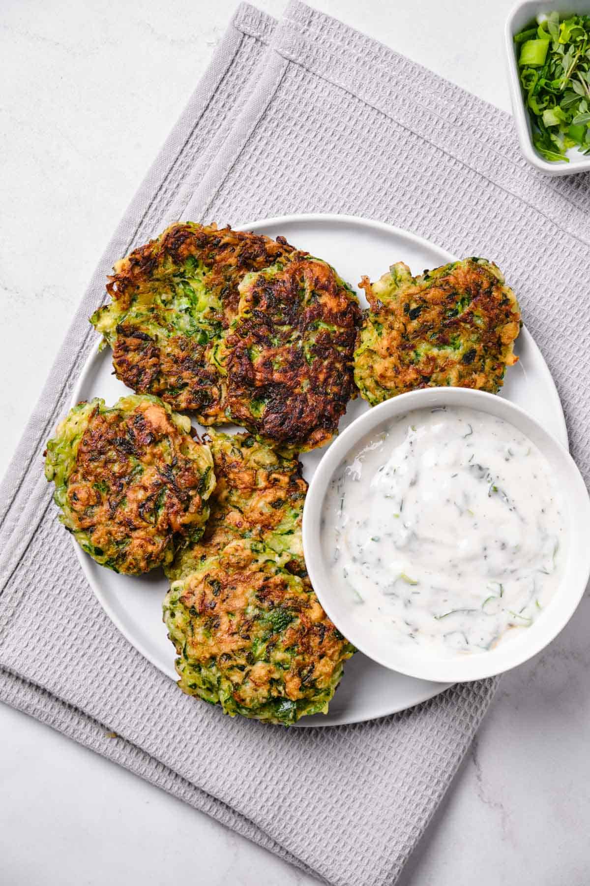 Zucchini Fritter Recipe with Lemon Herb Yogurt