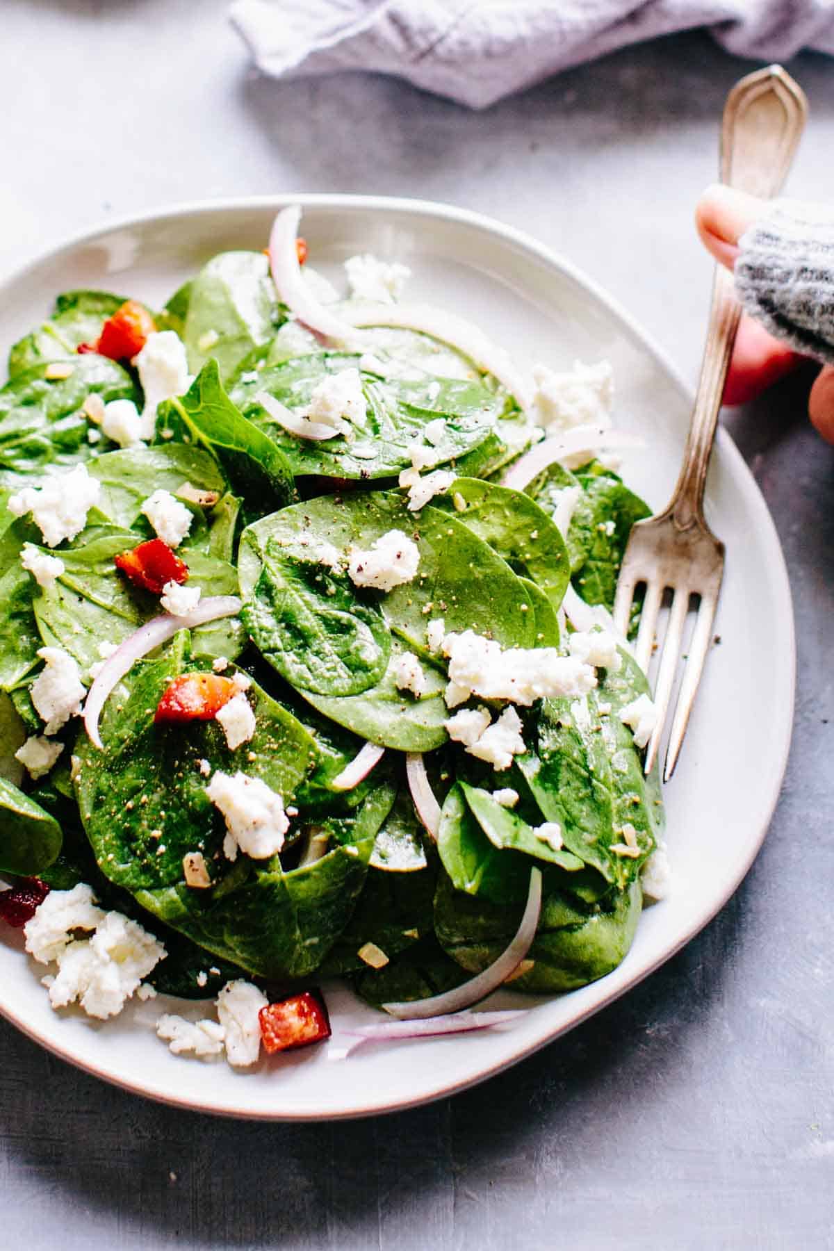 Warm Spinach Salad with Pancetta + Goat Cheese