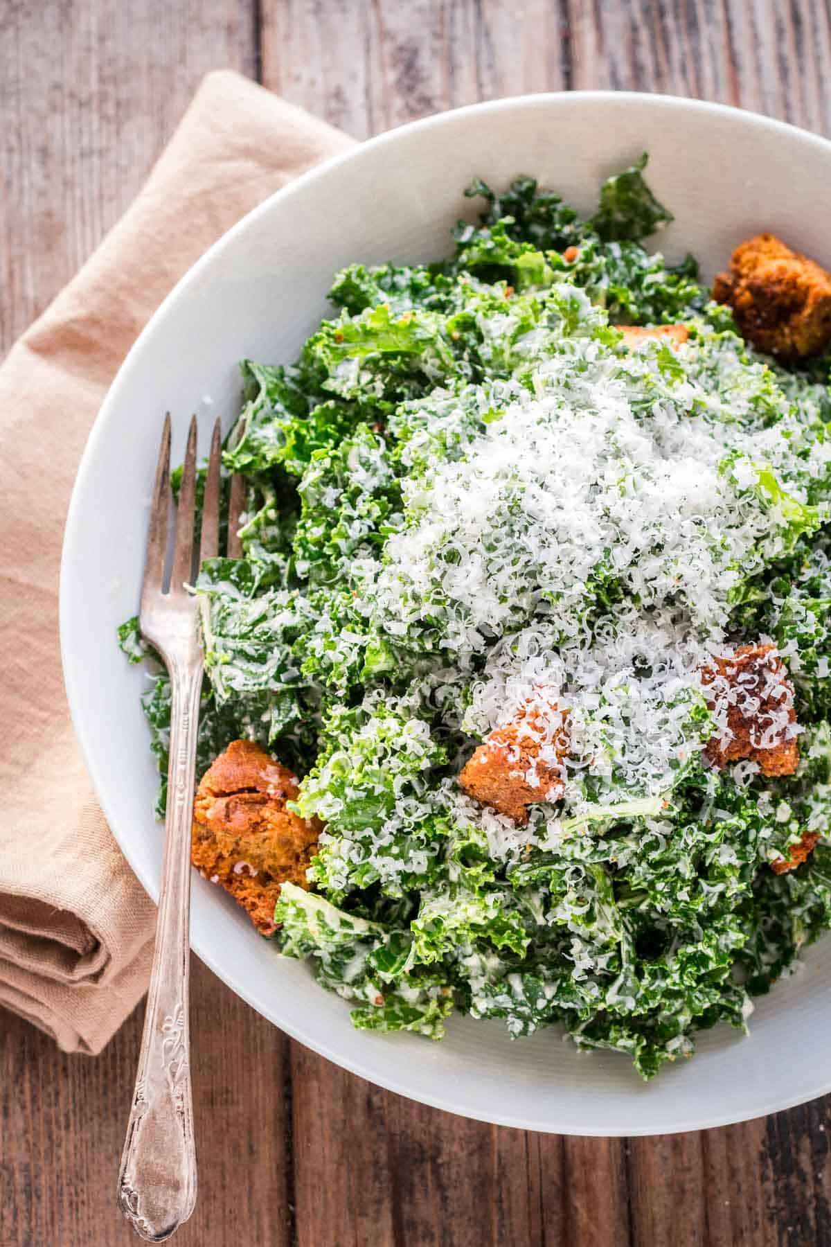 Kale Caesar Salad with Homemade Dressing