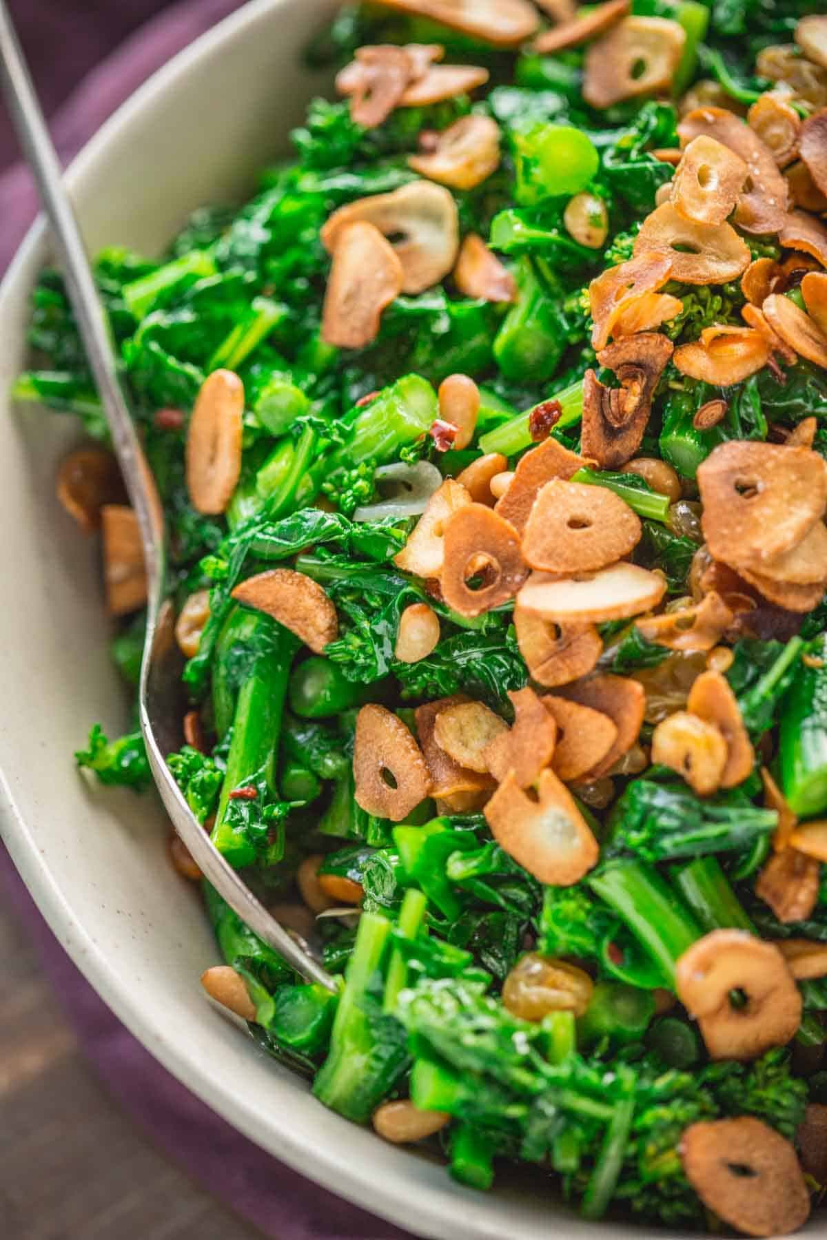 Rapini with Pine Nuts, Raisins and Crispy Garlic