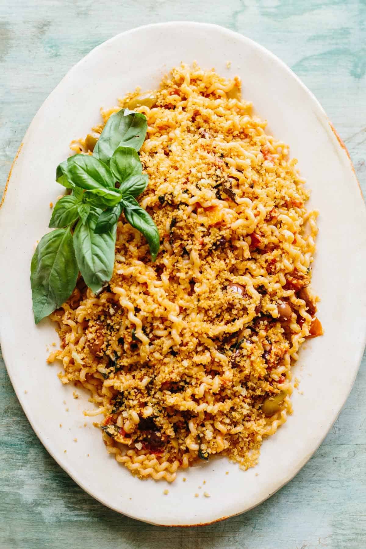 Pasta with Olives, Tomatoes and Breadcrumbs