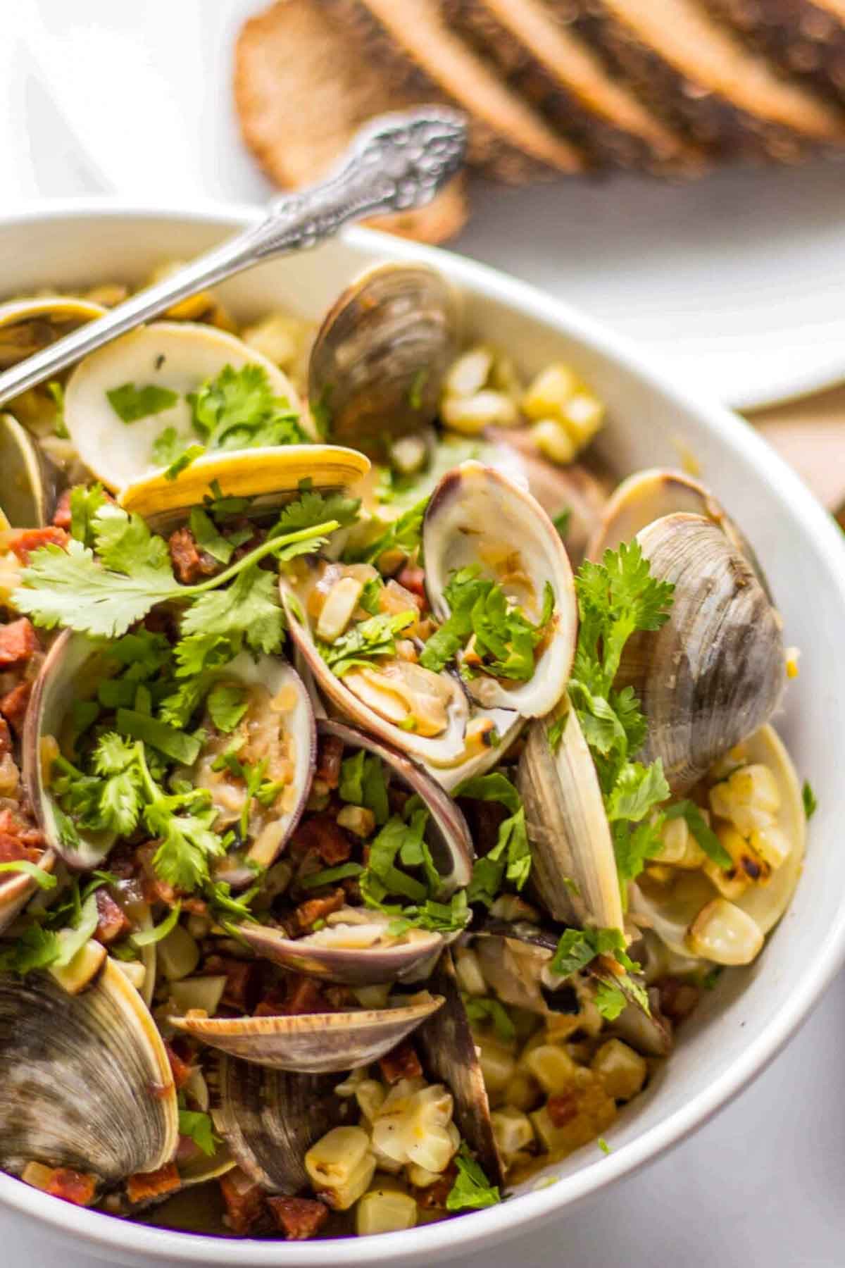 Clams with Chorizo and Grilled Corn