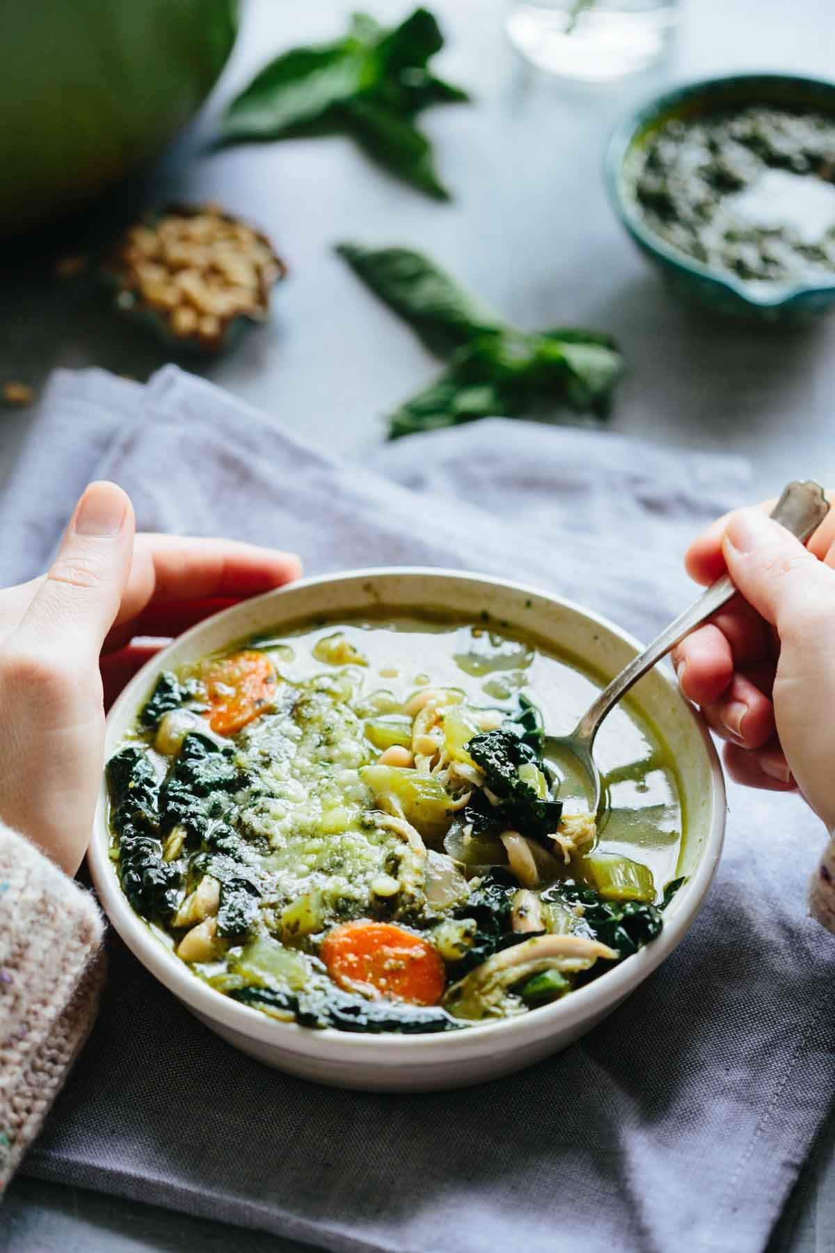Pesto Chicken Soup with Beans and Greens