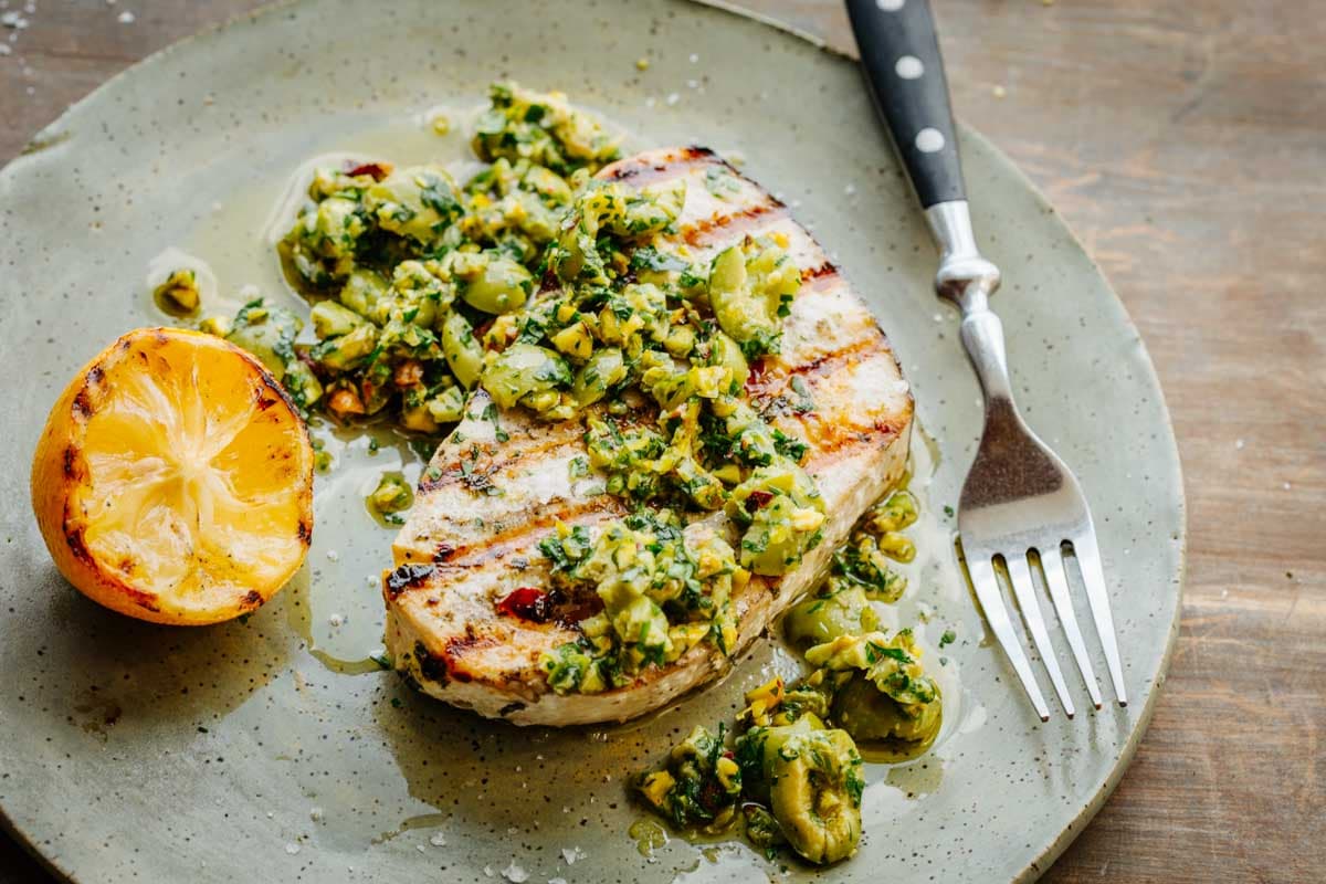 Grilling Swordfish with Sicilian Pistachio Olive Relish