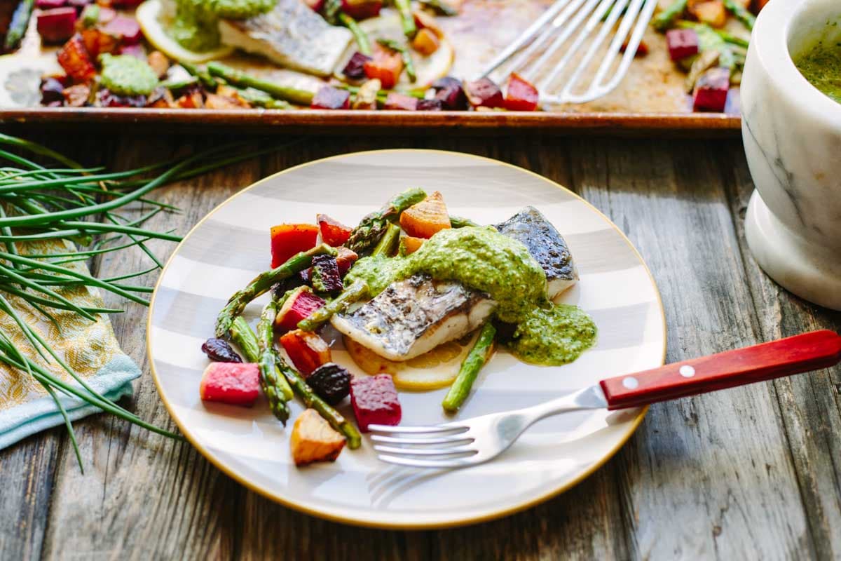 Baked Fish with Arugula Pesto and Spring Veggies