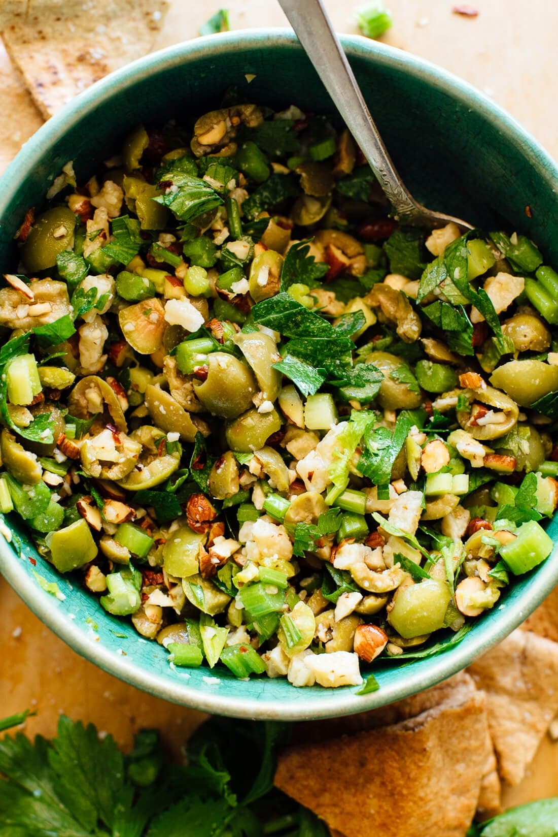 Torn Olives with Almonds, Celery & Parmesan