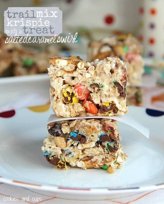 Trail Mix Krispie Treats with a Salted Caramel Swirl