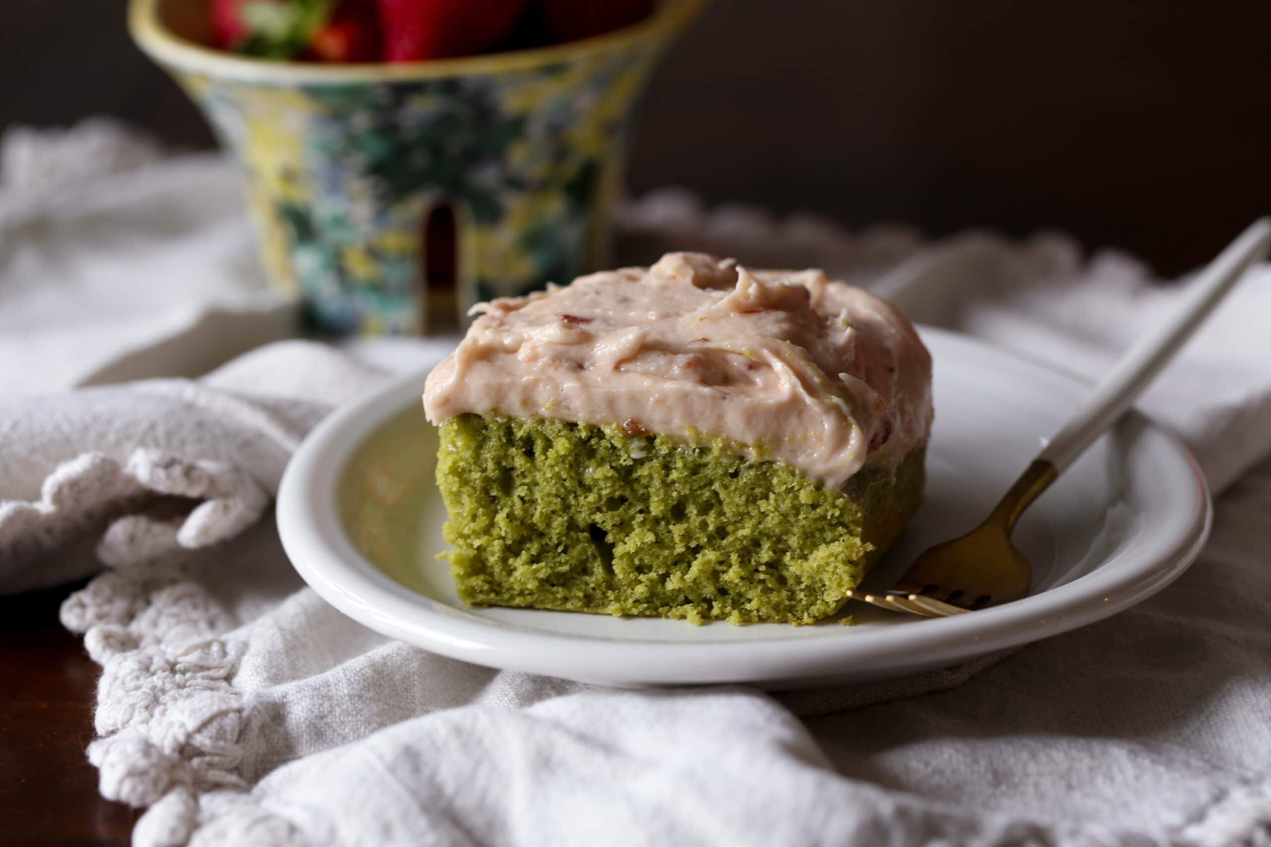 Matcha Cake With Strawberry Frosting